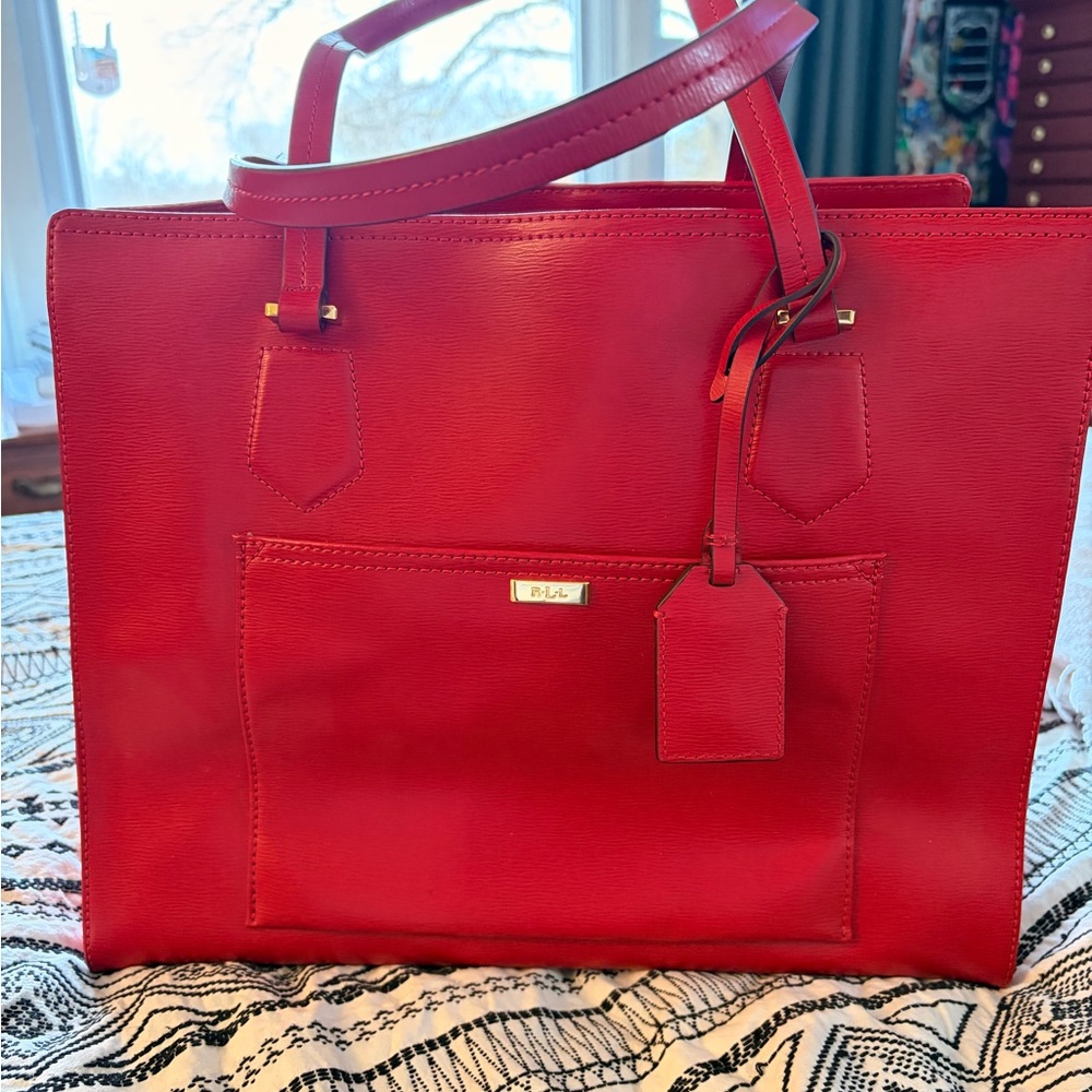 Red Lauren Ralph Lauren leather Women's structured Tote Bag gorgeous